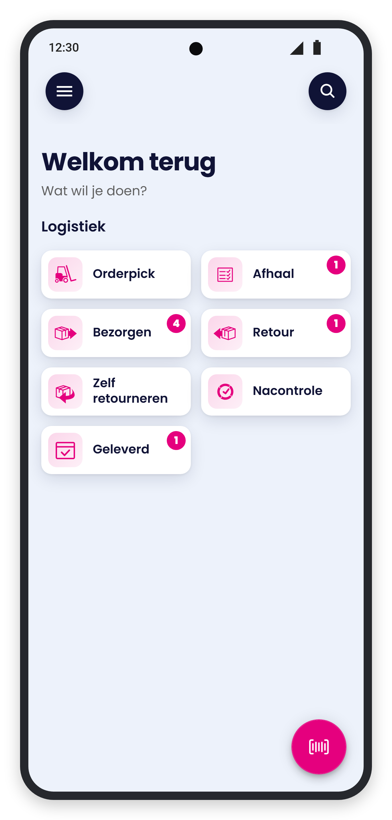 Startscherm van de SAM App met de tegels onder Logistiek en rechtsonder de scanknop