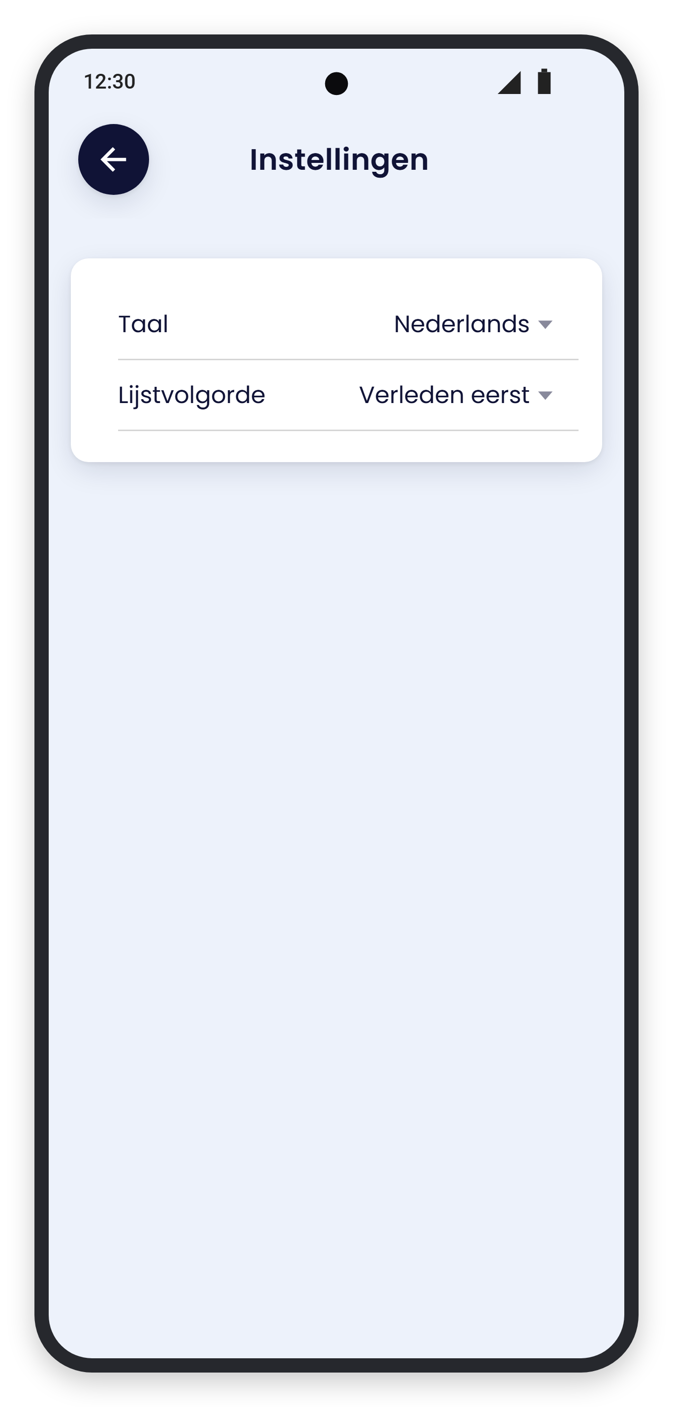 Instellingen met Taal en Lijstvolgorde