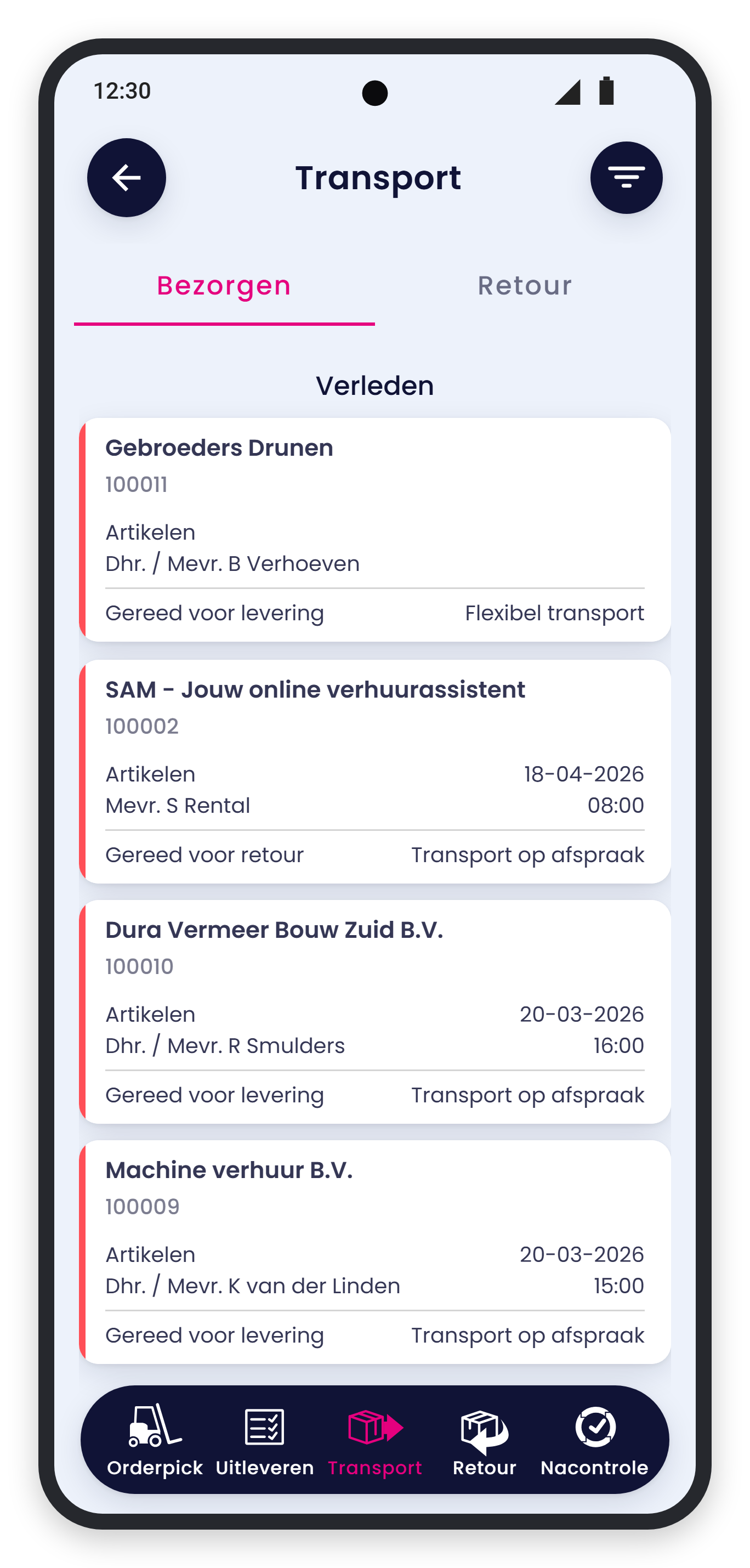 Tabblad Transport met de stap Bezorgen en onderin de tabbladen
