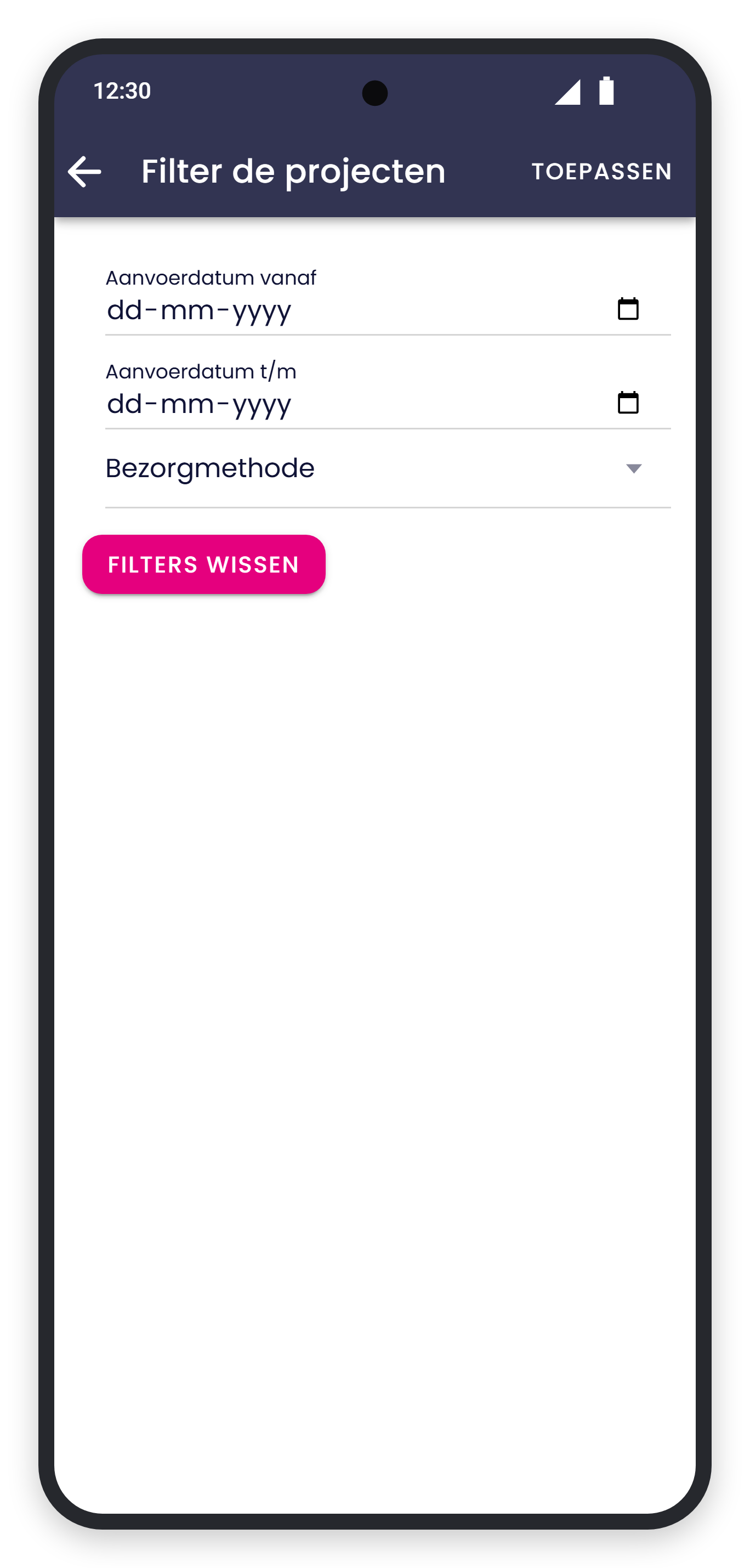 Scherm Filter de projecten met Aanvoerdatum en Bezorgmethode