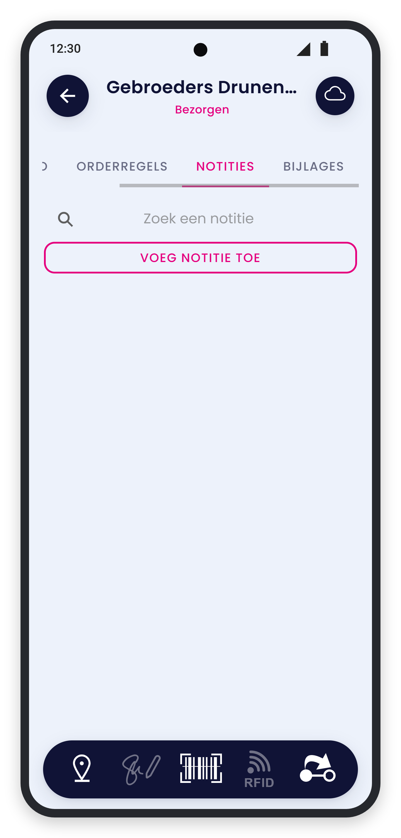 Tabblad Notities met Zoek een notitie en de knop Voeg notitie toe