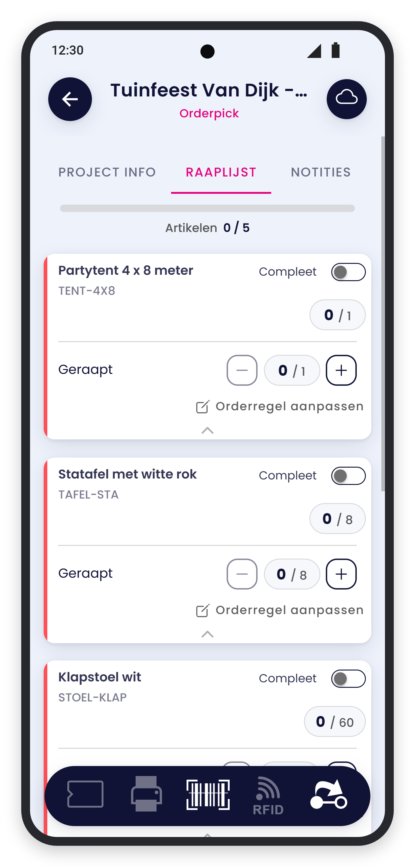 Raaplijst met per regel de schakelaar Compleet, het aantal Geraapt en Orderregel aanpassen