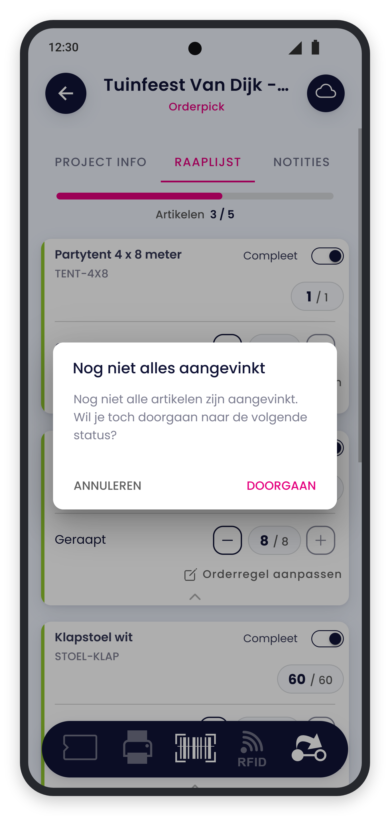 Venster Nog niet alles aangevinkt met Annuleren en Doorgaan