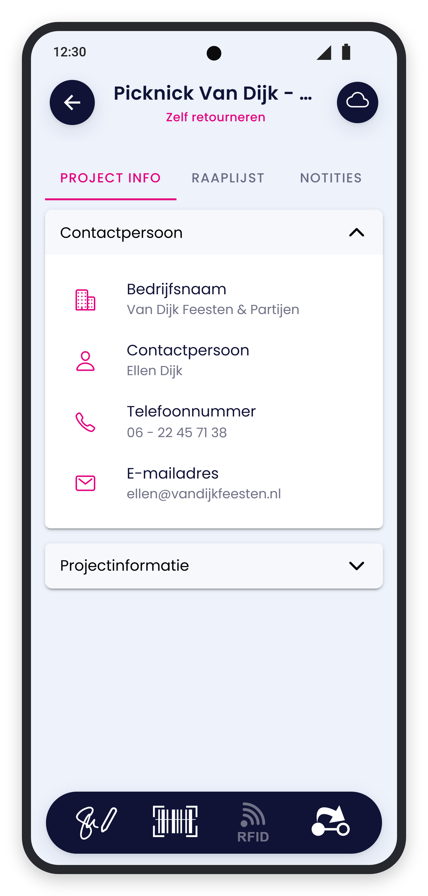 Project bij Zelf retourneren met de contactpersoon en onderin pen, scanner, RFID en pijl