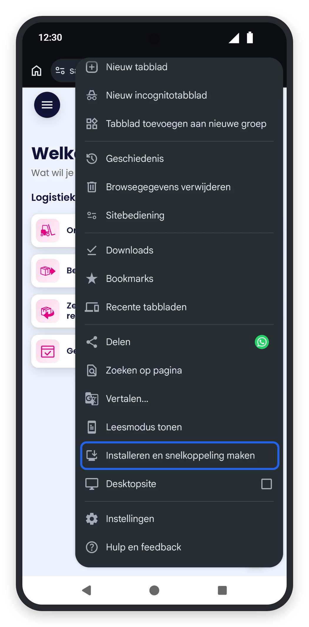 Stap 2: in het menu Installeren en snelkoppeling maken