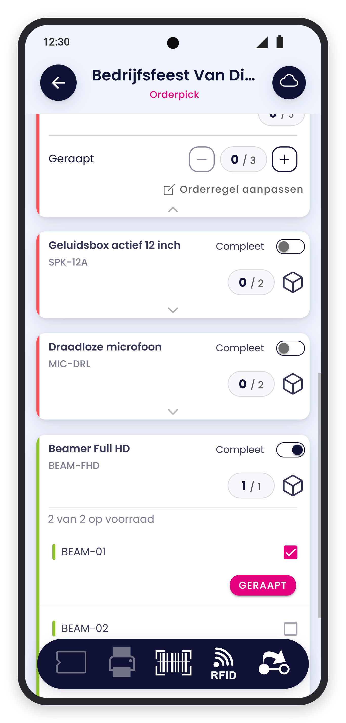 BEAM-01 aangevinkt en op Geraapt gezet, de regel staat op 1 / 1