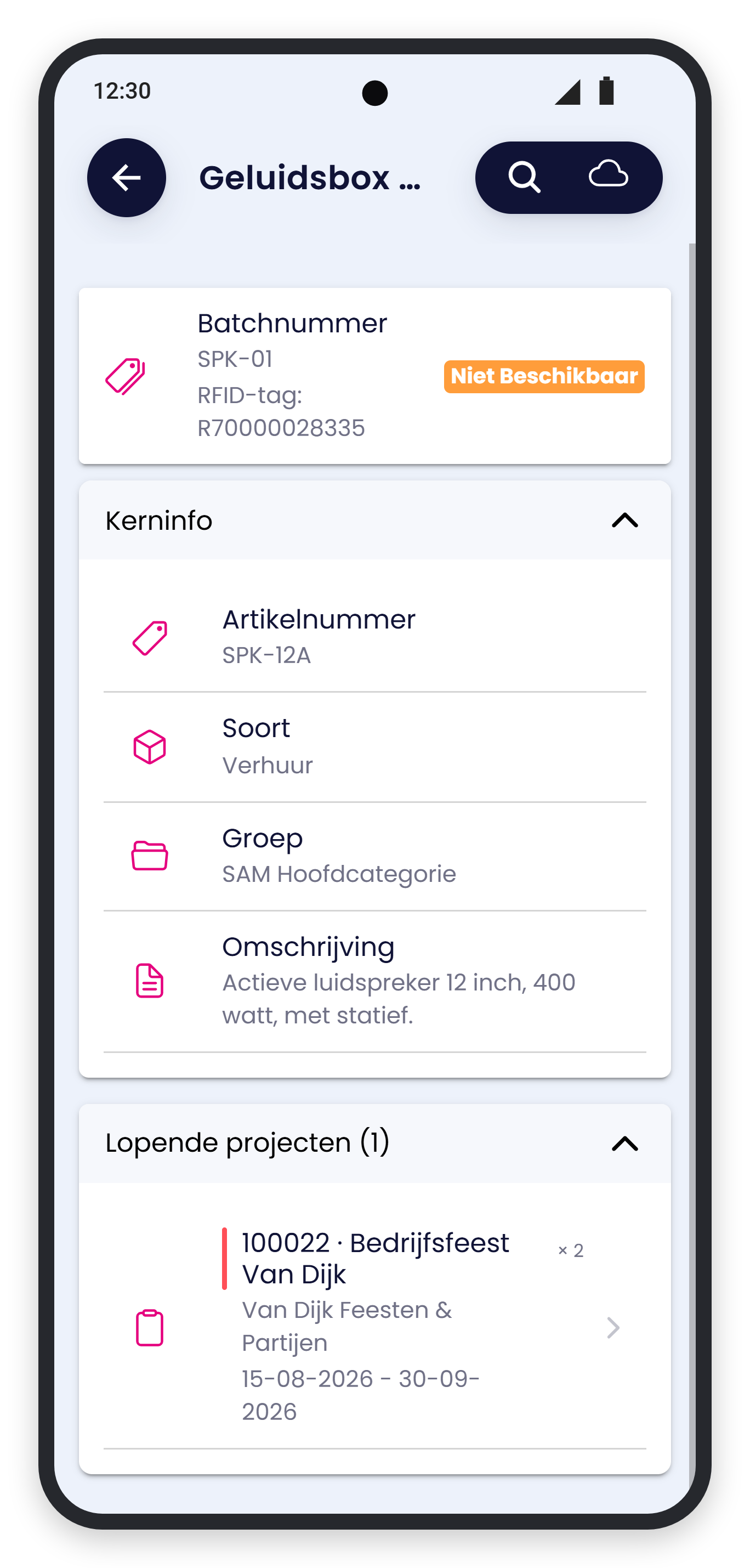 Artikel Geluidsbox geopend via een RFID-scan met batchnummer SPK-01, de RFID-tag en Lopende projecten