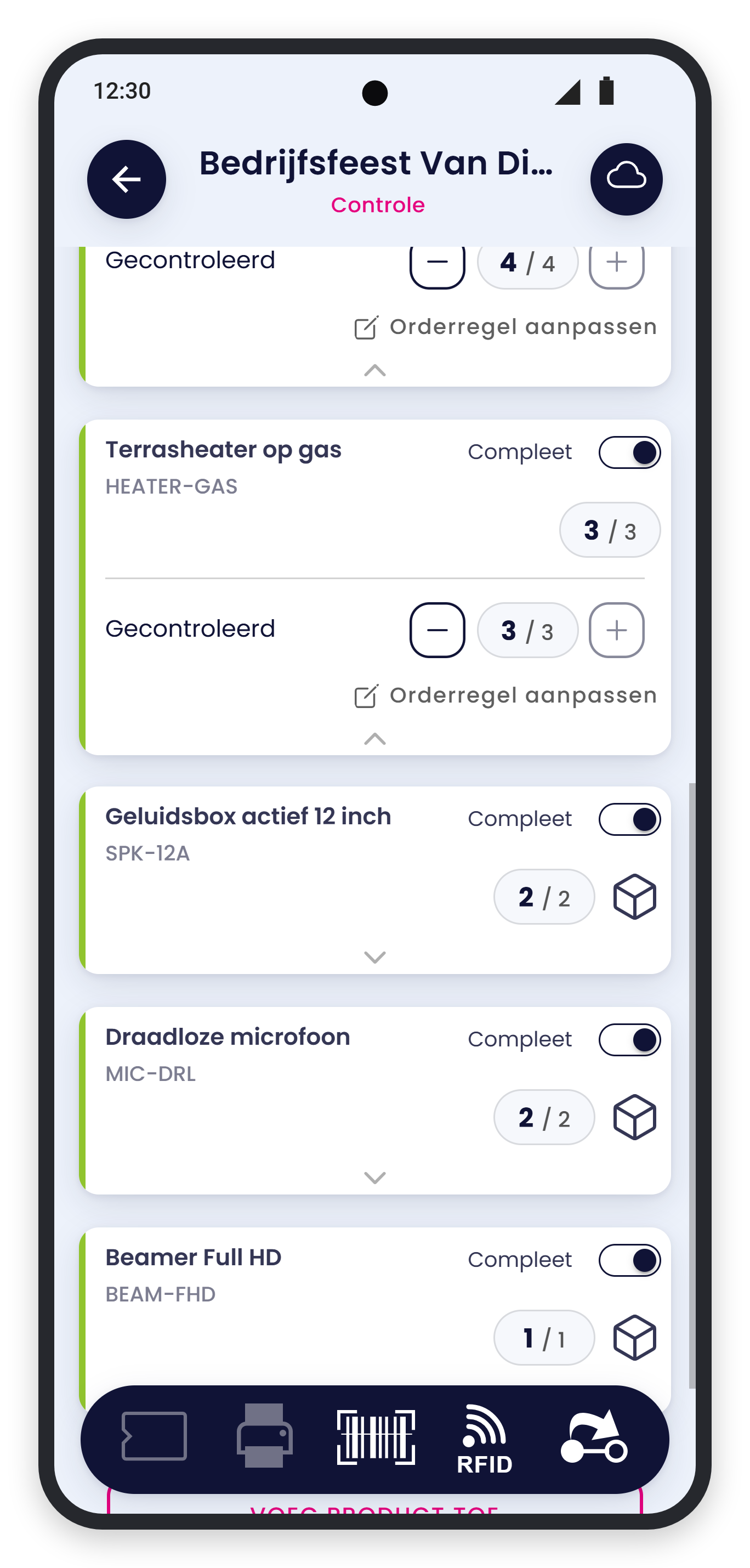 Project bij Controle met per regel Gecontroleerd en de schakelaar Compleet aan