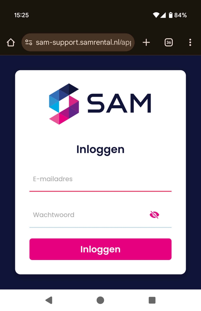 Inlogscherm van de SAM App met E-mailadres, Wachtwoord en de knop Inloggen